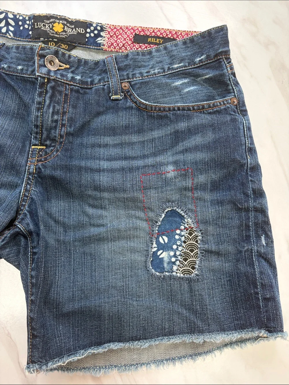 Lucky Brand Riley Boho patch Cutoff Denim Shorts 10/30